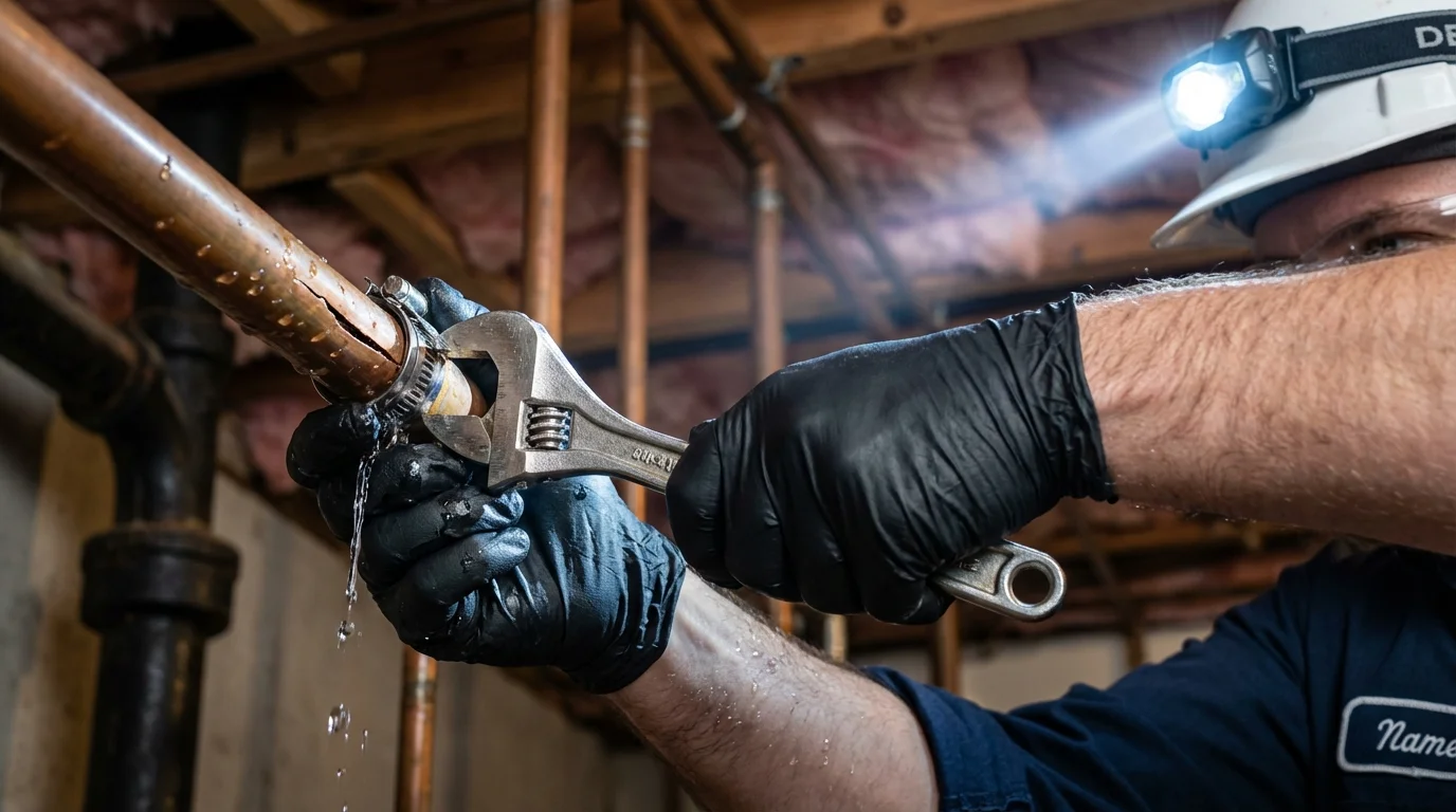Emergency pipe clamp repair being performed by a Johns Plumbing LLC plumber in Occidental