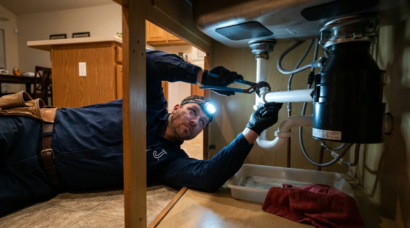 P-trap and supply line connections under a kitchen sink showing a common leak point in Occidental, CA